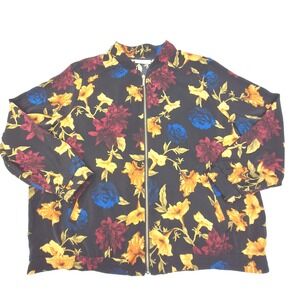 Susan Graver Bomber Jacket Womens 1X Black Floral Zip Up Lightweight A308259